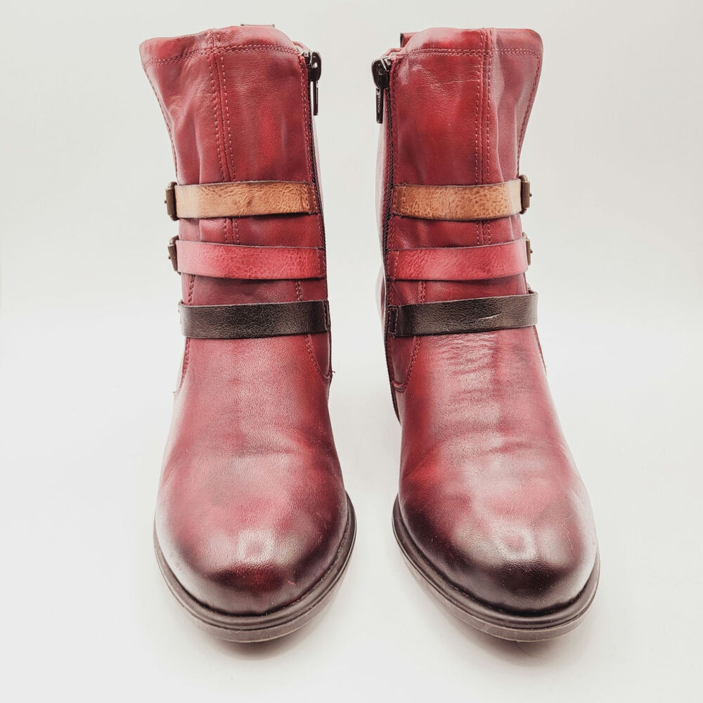 Remonte Red Leather Burnished Toe Tri-Colored Straps 2" Heel Artistic Boot Sz 37 - Picture 3 of 14